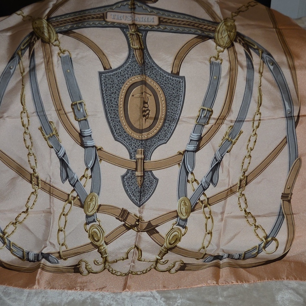 Trussardi Peach and Gold Equestrian Silk Scarf 31×30"